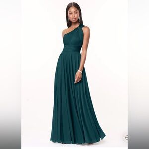 Azazie Charlize : Pine A-Line One Shoulder Mesh Dress